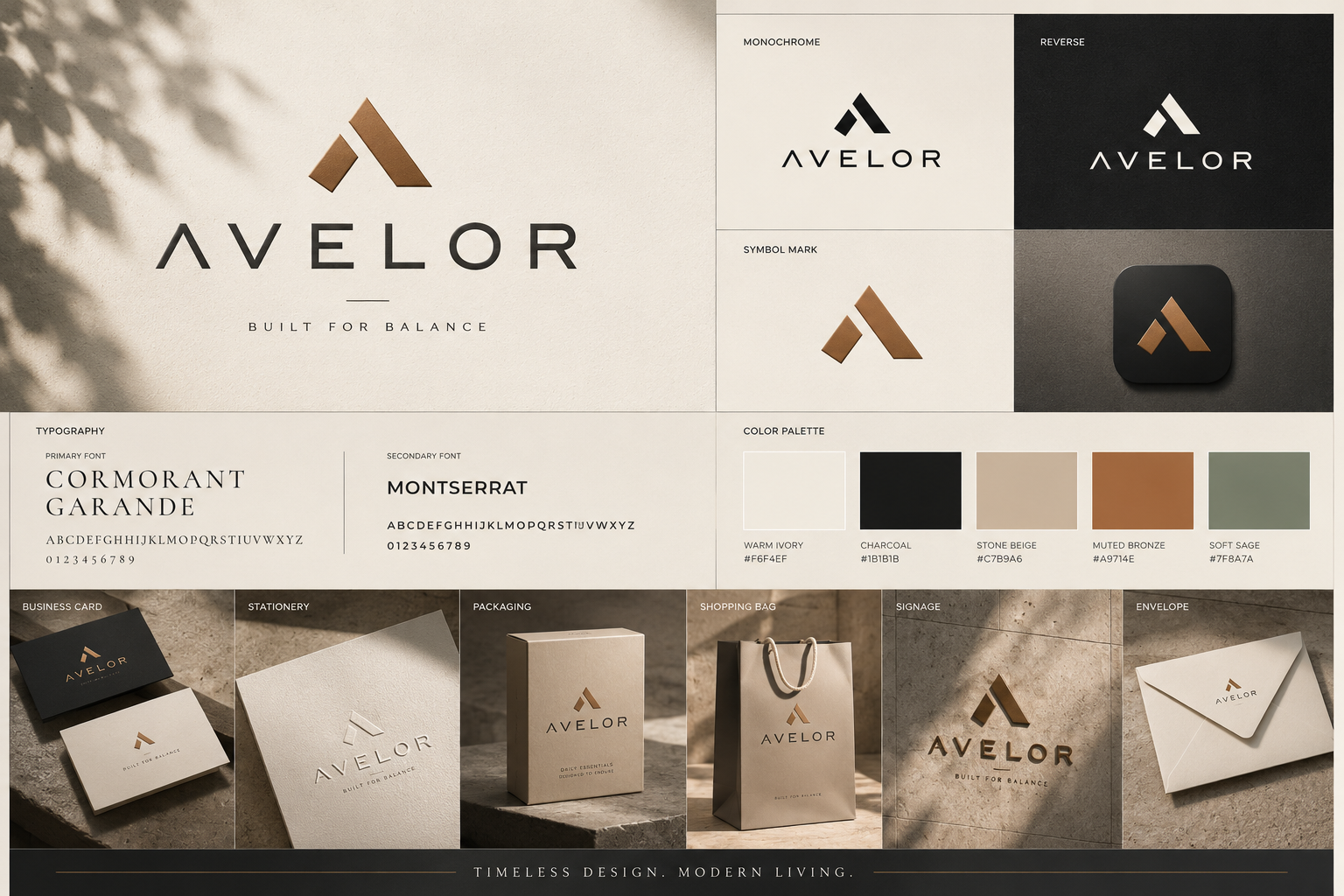 Avelor brand identity design system featuring logo, typography, color palette, stationery, packaging, and signage.